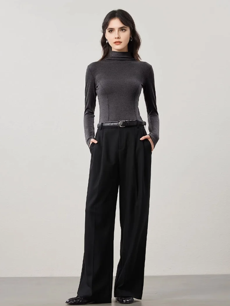 SuyaDream Women's Wool Blend Thermal T-Shirt, Mock Neck, Long Sleeved, Basic Slim Tee, Monochromatic, 2025 Fall, Winter Top