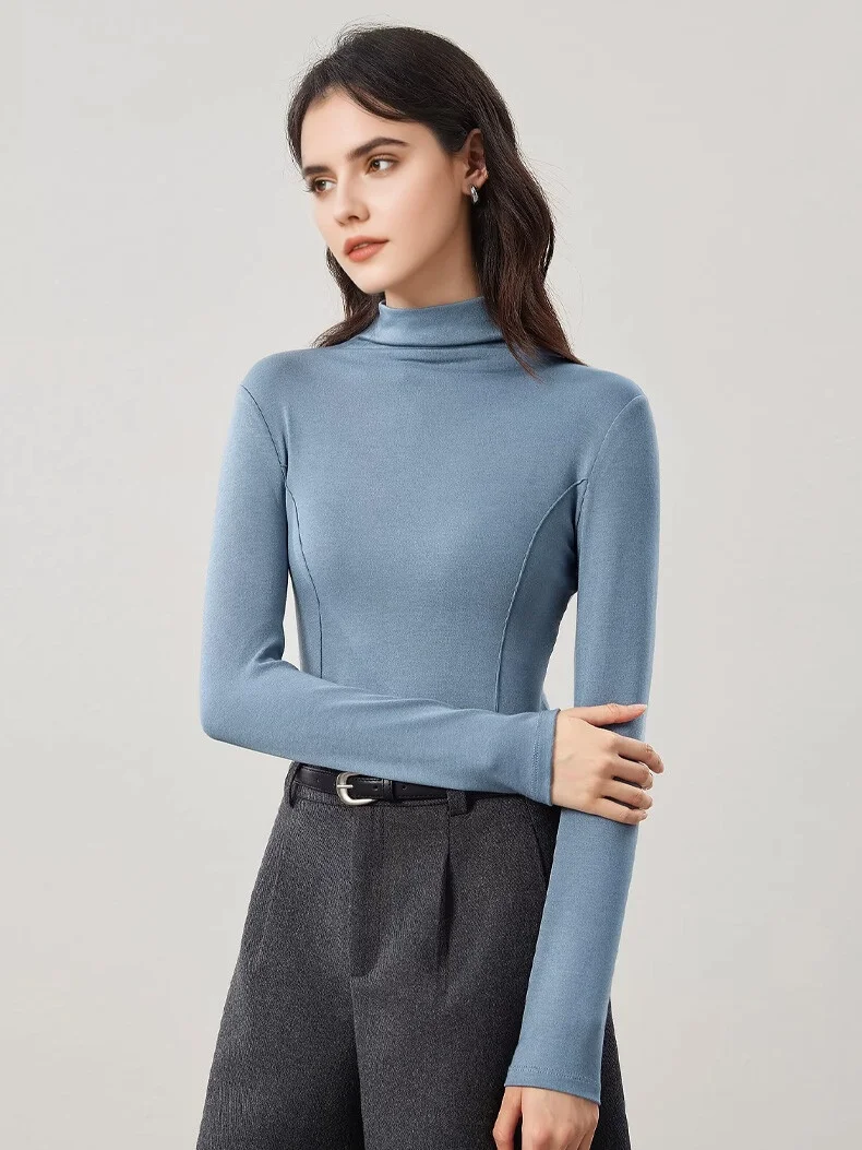 SuyaDream Women's Wool Blend Thermal T-Shirt, Mock Neck, Long Sleeved, Basic Slim Tee, Monochromatic, 2025 Fall, Winter Top