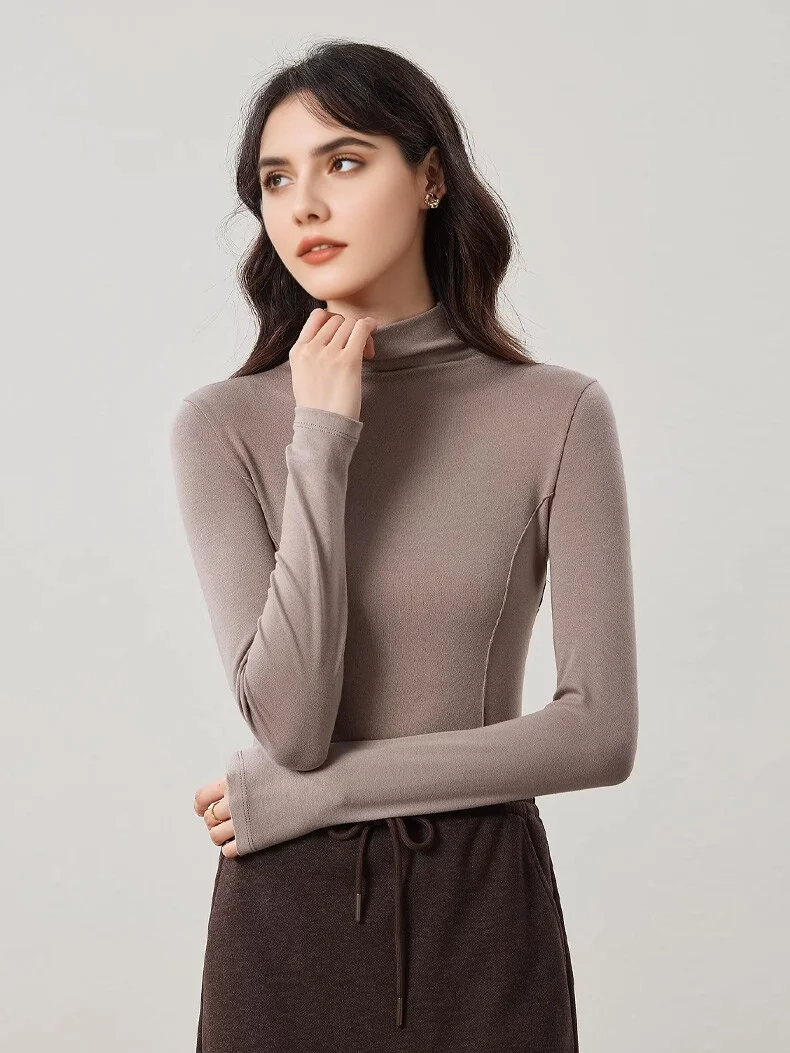 SuyaDream Women's Wool Blend Thermal T-Shirt, Mock Neck, Long Sleeved, Basic Slim Tee, Monochromatic, 2025 Fall, Winter Top