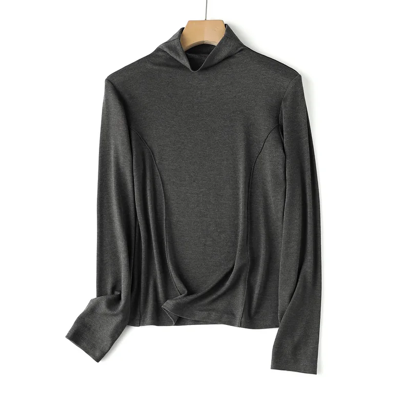 SuyaDream Women's Wool Blend Thermal T-Shirt, Mock Neck, Long Sleeved, Basic Slim Tee, Monochromatic, 2025 Fall, Winter Top