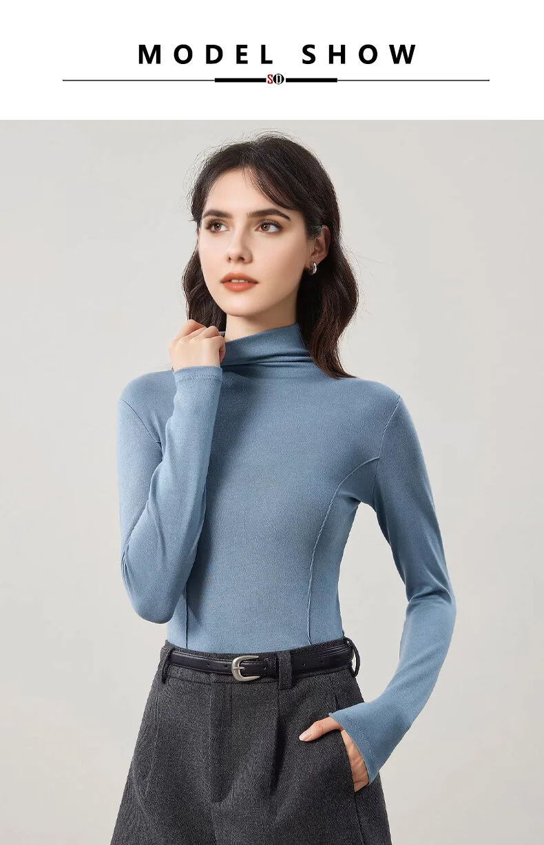SuyaDream Women's Wool Blend Thermal T-Shirt, Mock Neck, Long Sleeved, Basic Slim Tee, Monochromatic, 2025 Fall, Winter Top