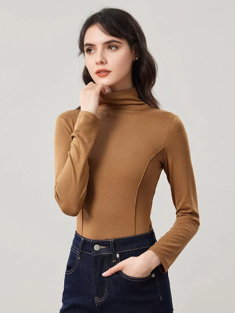 SuyaDream Women's Wool Blend Thermal T-Shirt, Mock Neck, Long Sleeved, Basic Slim Tee, Monochromatic, 2025 Fall, Winter Top
