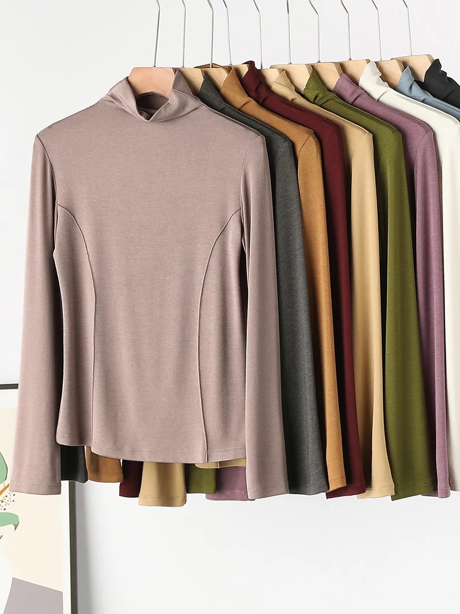 SuyaDream Women's Wool Blend Thermal T-Shirt, Mock Neck, Long Sleeved, Basic Slim Tee, Monochromatic, 2025 Fall, Winter Top