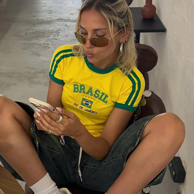 BRASIL Letter Graphics Print Goth Y2k Yellow Skinny Cropped Tees Women Sexy Streetwear 2000s Harajuku New Woman Clothing T-Shirt