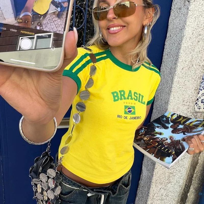 BRASIL Letter Graphics Print Goth Y2k Yellow Skinny Cropped Tees Women Sexy Streetwear 2000s Harajuku New Woman Clothing T-Shirt