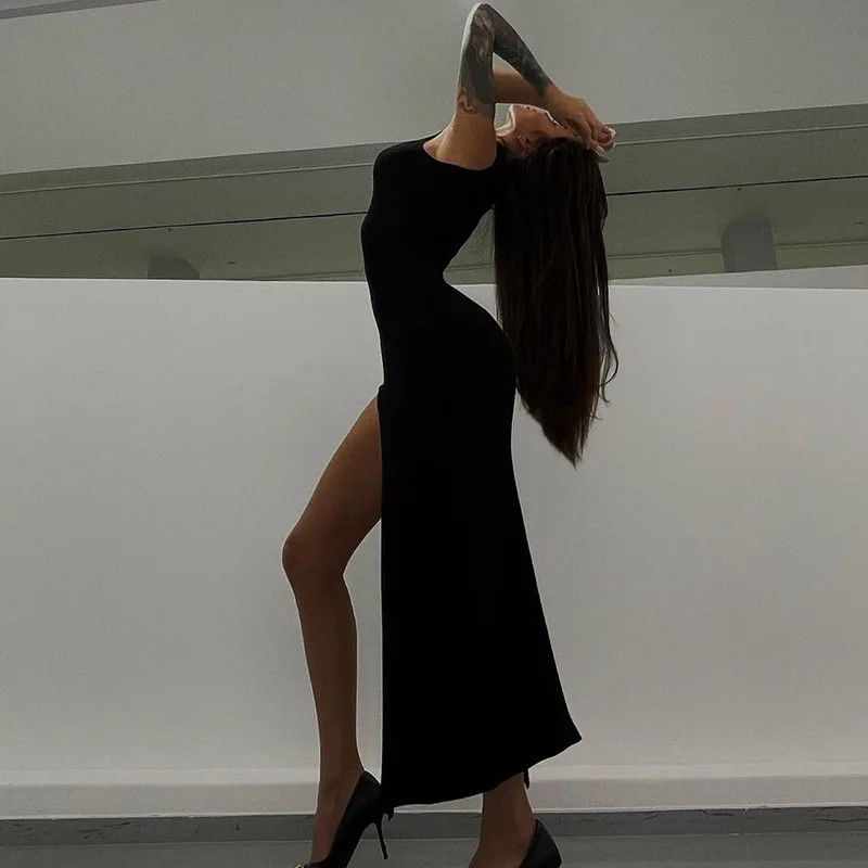 Y2k Sleeveless Orange Midi Women's Dresses Side Slit Turtleneck Setting Bodycon Sexy Party Elegant Dress 2024 Basic Vintage Robe