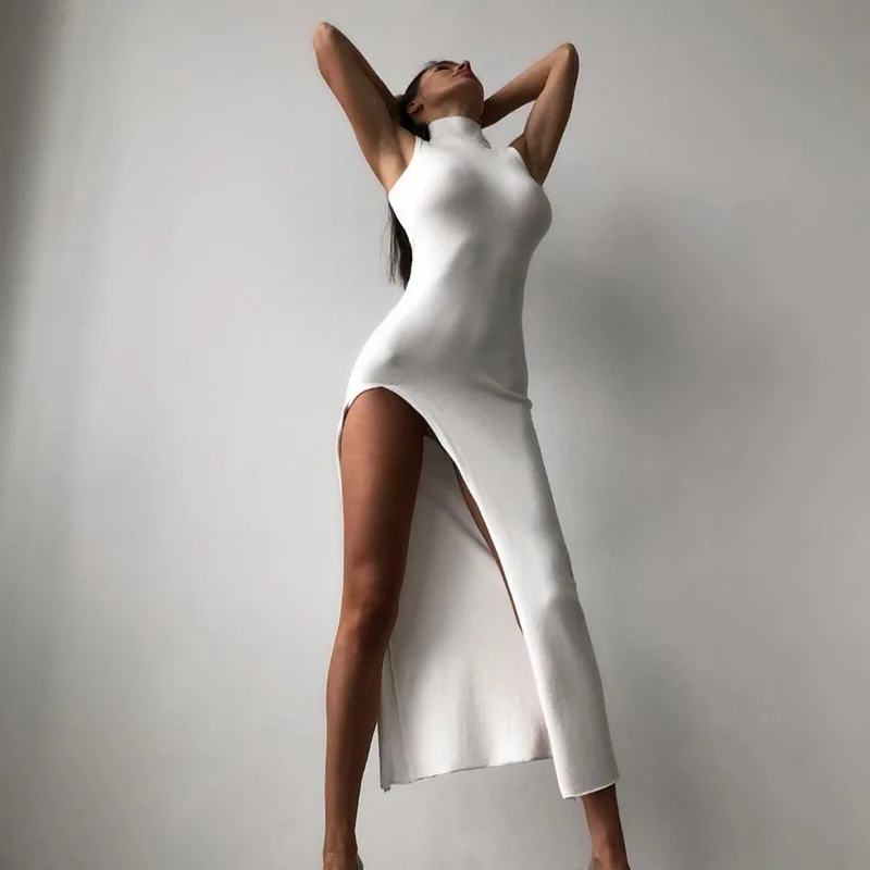 Y2k Sleeveless Orange Midi Women's Dresses Side Slit Turtleneck Setting Bodycon Sexy Party Elegant Dress 2024 Basic Vintage Robe