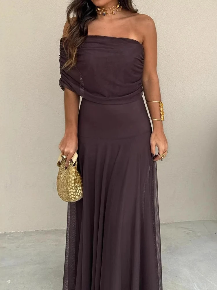 Women Diagonal Collar Summer Solid Long Dress Female Sleeveless Backless Pleated Party Dress 2023 Casual Streetwear Maxi Dresses
