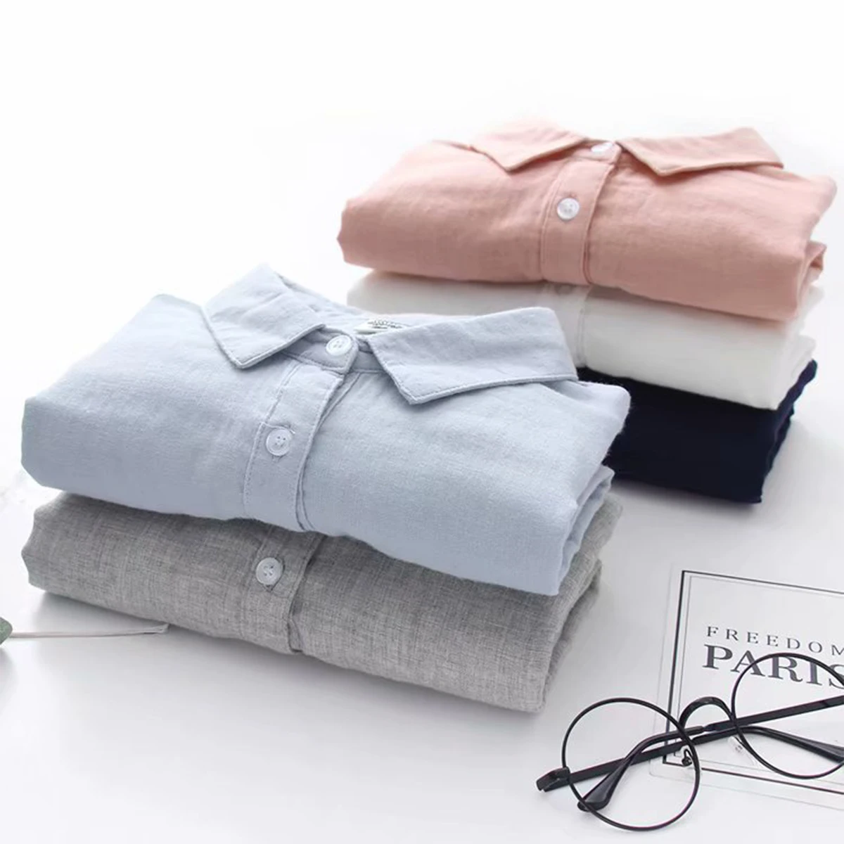 New Spring Women Double-layer Cotton Shirts Full Sleeve Pointed Collar Loose Solid Casual Soft Blouse Office Lady Work T34407X