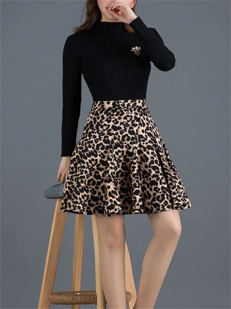Leopard Print Skirt Women Half Length Skirt For Women High Waist Short Skirt A-line Pleated Skirt Summer Woman Clothes Skirt