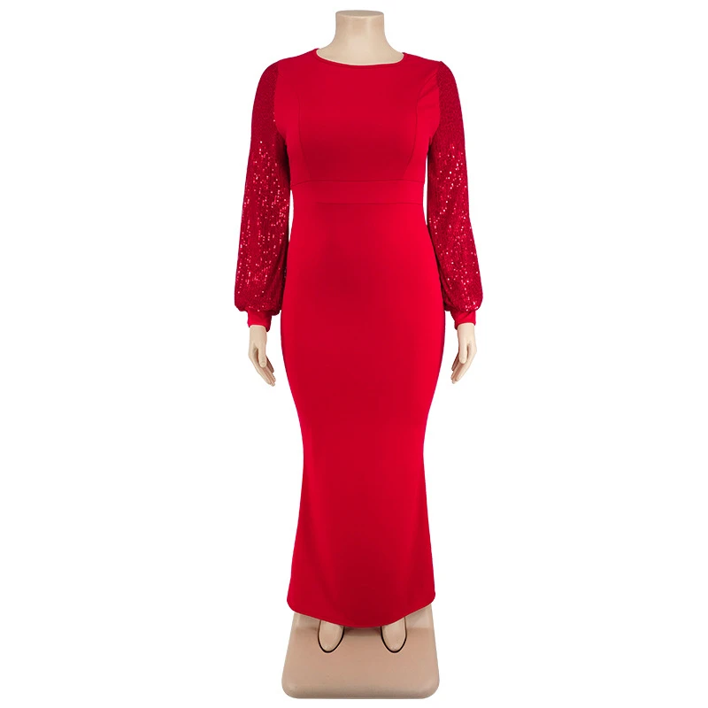 Women Long Sleeve Maxi Dresses Evening Ladies Sexy Plus Size Sequin Dress Glitte Elegant Red Dress Wholesale Dropshipping