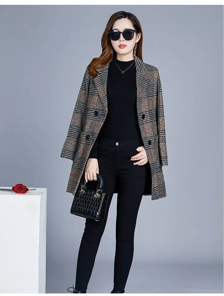 Mother's clothing Plaid Woolen Jacket 5xl Autumn Winter Female Thicken Slim Middle length Outwear Korea Women's Casual Wool Coat