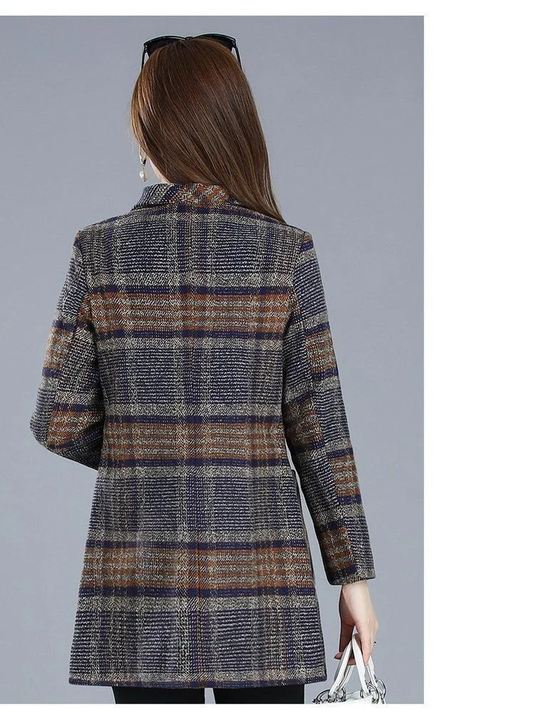 Mother's clothing Plaid Woolen Jacket 5xl Autumn Winter Female Thicken Slim Middle length Outwear Korea Women's Casual Wool Coat
