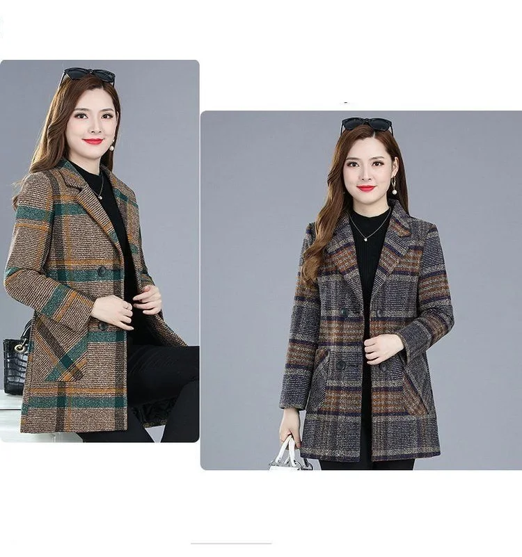 Mother's clothing Plaid Woolen Jacket 5xl Autumn Winter Female Thicken Slim Middle length Outwear Korea Women's Casual Wool Coat