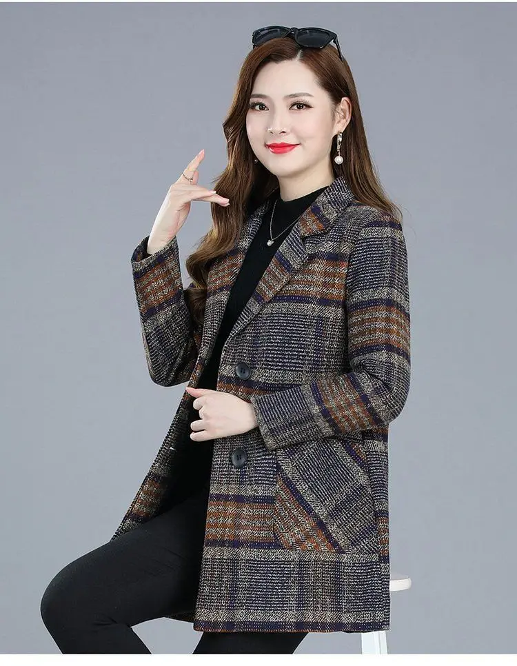 Mother's clothing Plaid Woolen Jacket 5xl Autumn Winter Female Thicken Slim Middle length Outwear Korea Women's Casual Wool Coat