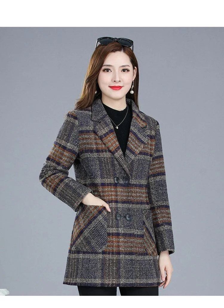 Mother's clothing Plaid Woolen Jacket 5xl Autumn Winter Female Thicken Slim Middle length Outwear Korea Women's Casual Wool Coat