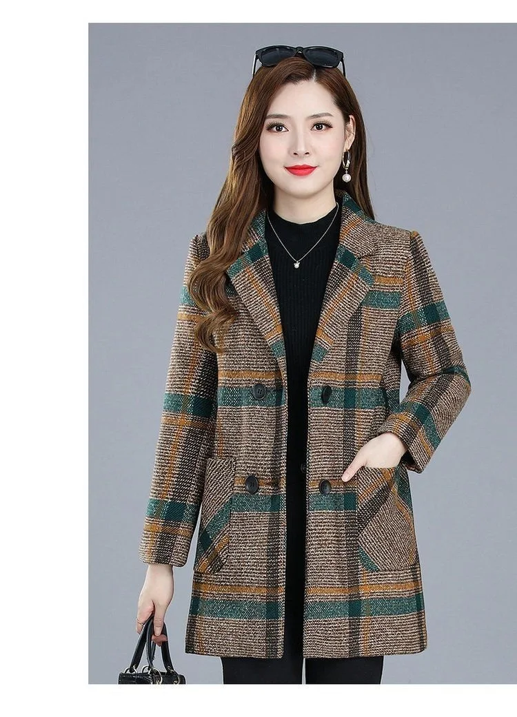 Mother's clothing Plaid Woolen Jacket 5xl Autumn Winter Female Thicken Slim Middle length Outwear Korea Women's Casual Wool Coat