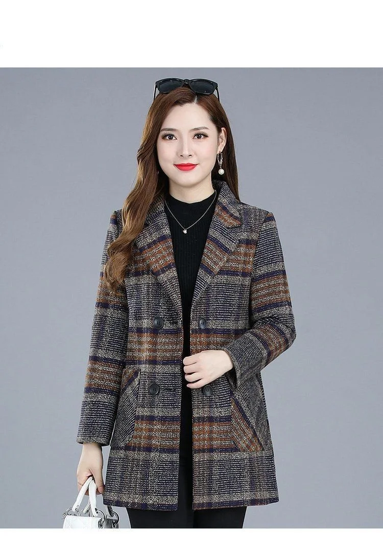 Mother's clothing Plaid Woolen Jacket 5xl Autumn Winter Female Thicken Slim Middle length Outwear Korea Women's Casual Wool Coat