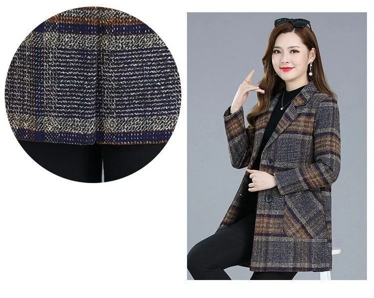 Mother's clothing Plaid Woolen Jacket 5xl Autumn Winter Female Thicken Slim Middle length Outwear Korea Women's Casual Wool Coat