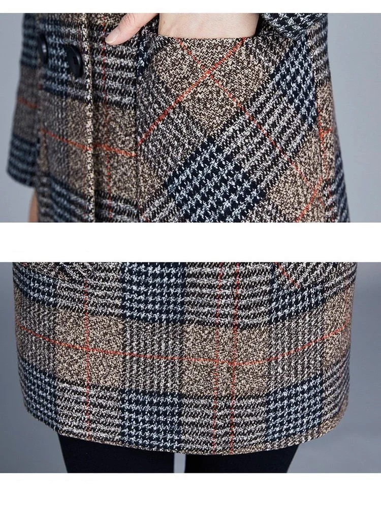 Mother's clothing Plaid Woolen Jacket 5xl Autumn Winter Female Thicken Slim Middle length Outwear Korea Women's Casual Wool Coat