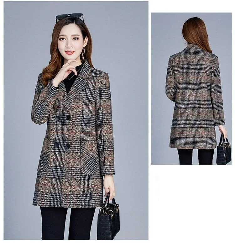 Mother's clothing Plaid Woolen Jacket 5xl Autumn Winter Female Thicken Slim Middle length Outwear Korea Women's Casual Wool Coat