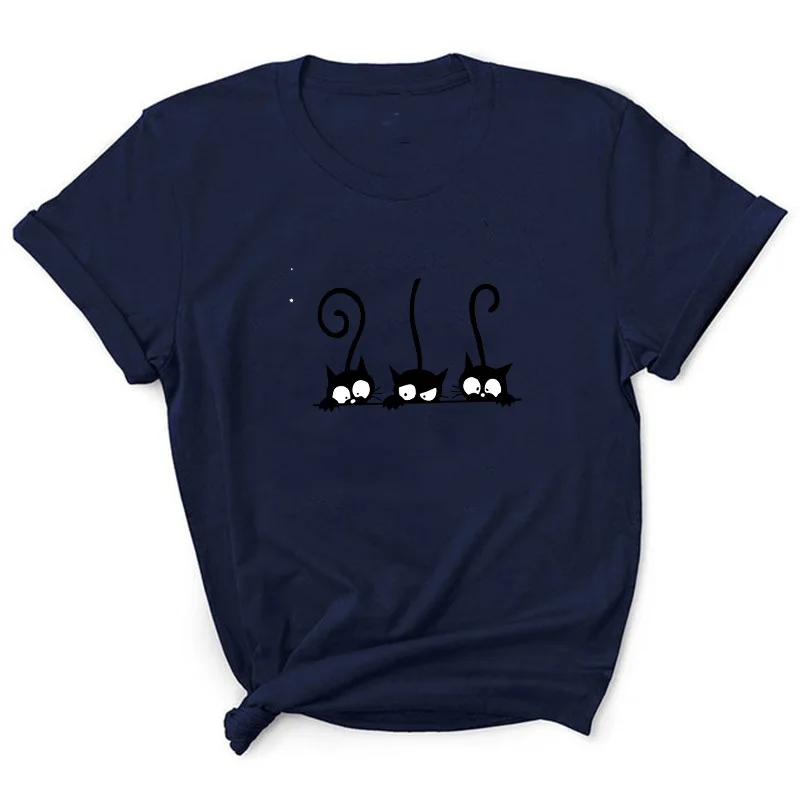 Three Black Cat Print T Shirt Women Short Sleeve O Neck Loose Tshirt Summer Women Tee Shirt Tops Camisetas Mujer