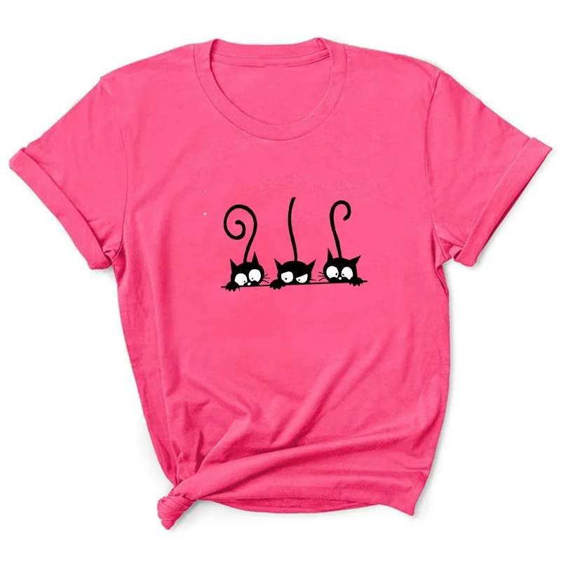 Three Black Cat Print T Shirt Women Short Sleeve O Neck Loose Tshirt Summer Women Tee Shirt Tops Camisetas Mujer