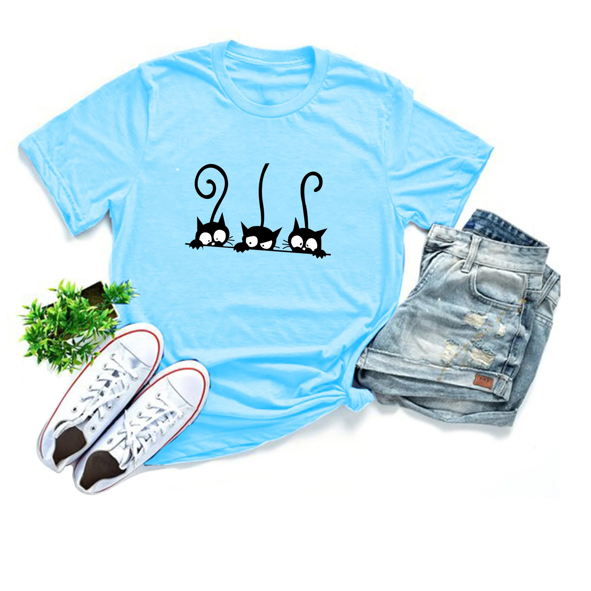 Three Black Cat Print T Shirt Women Short Sleeve O Neck Loose Tshirt Summer Women Tee Shirt Tops Camisetas Mujer