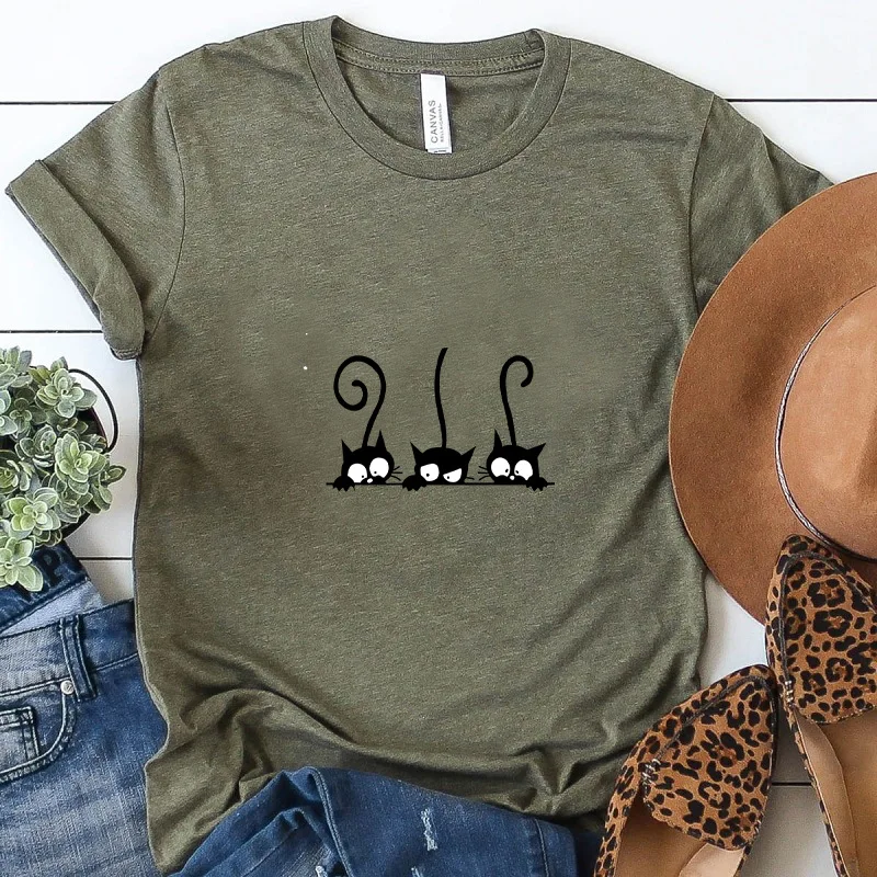 Three Black Cat Print T Shirt Women Short Sleeve O Neck Loose Tshirt Summer Women Tee Shirt Tops Camisetas Mujer