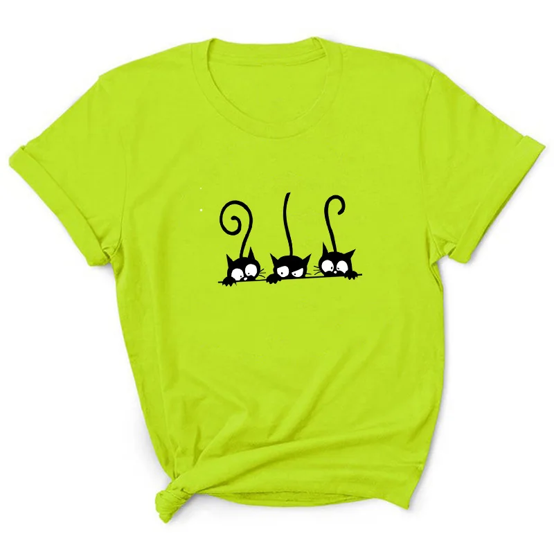 Three Black Cat Print T Shirt Women Short Sleeve O Neck Loose Tshirt Summer Women Tee Shirt Tops Camisetas Mujer