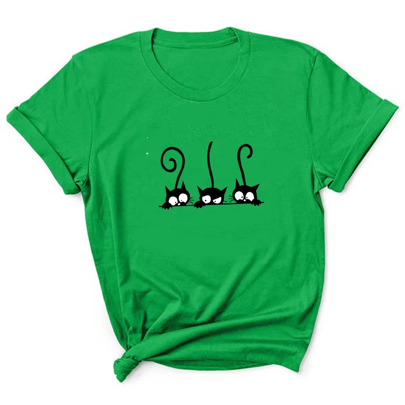 Three Black Cat Print T Shirt Women Short Sleeve O Neck Loose Tshirt Summer Women Tee Shirt Tops Camisetas Mujer