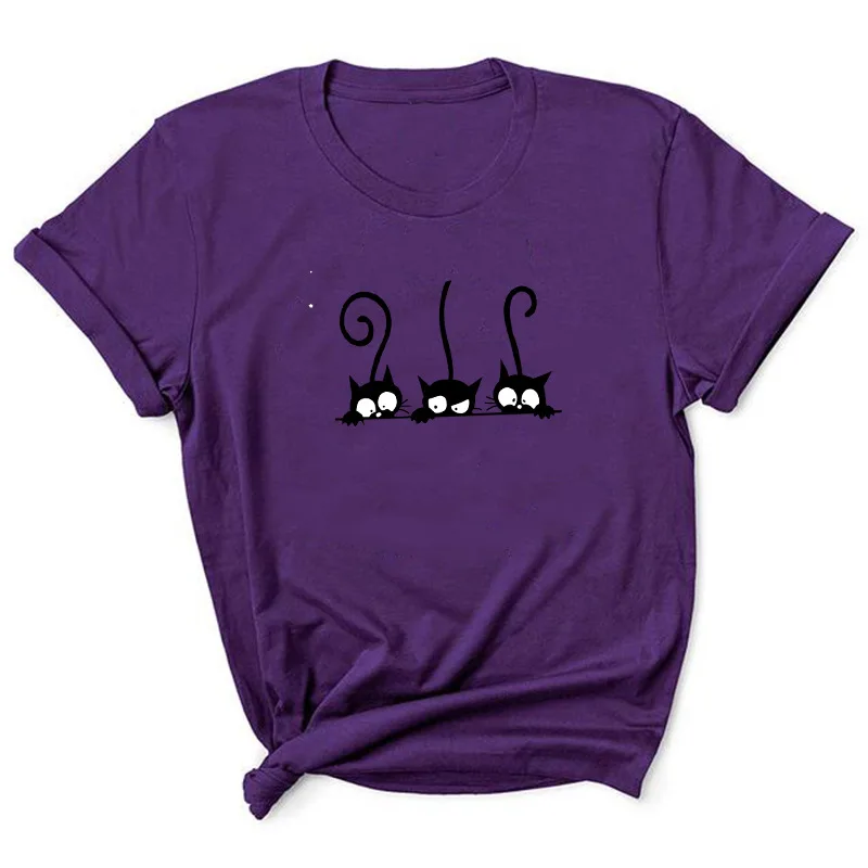 Three Black Cat Print T Shirt Women Short Sleeve O Neck Loose Tshirt Summer Women Tee Shirt Tops Camisetas Mujer