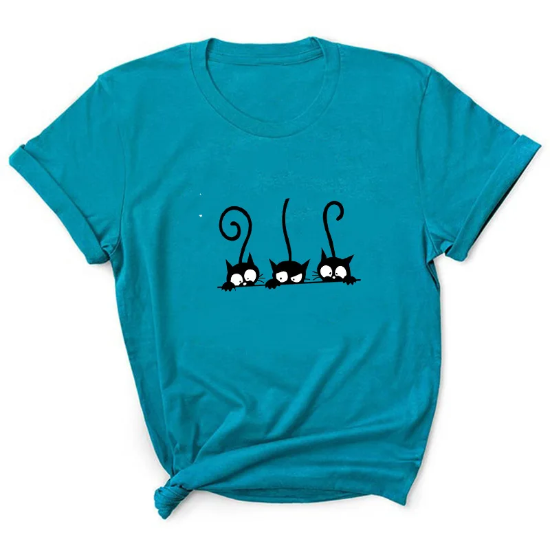 Three Black Cat Print T Shirt Women Short Sleeve O Neck Loose Tshirt Summer Women Tee Shirt Tops Camisetas Mujer
