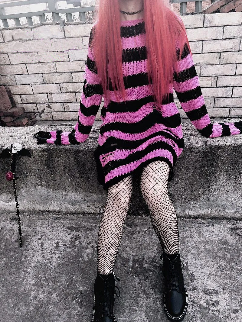 Gothic Grunge Striped Knitted Sweater Women Long Pullovers Loose Thin Punk Sweaters Jumpers Mujer Jersey Chic Streetwear