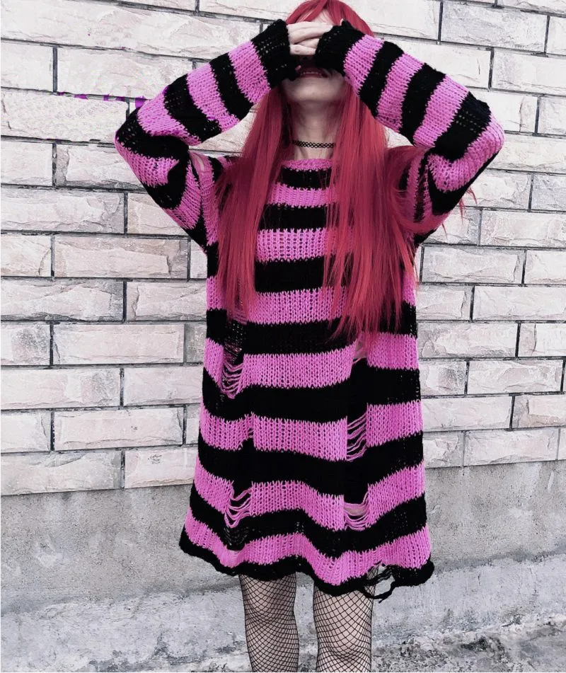 Gothic Grunge Striped Knitted Sweater Women Long Pullovers Loose Thin Punk Sweaters Jumpers Mujer Jersey Chic Streetwear