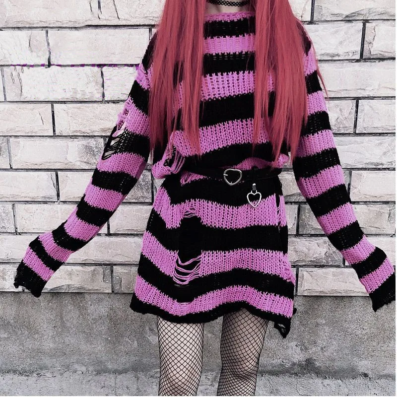 Gothic Grunge Striped Knitted Sweater Women Long Pullovers Loose Thin Punk Sweaters Jumpers Mujer Jersey Chic Streetwear
