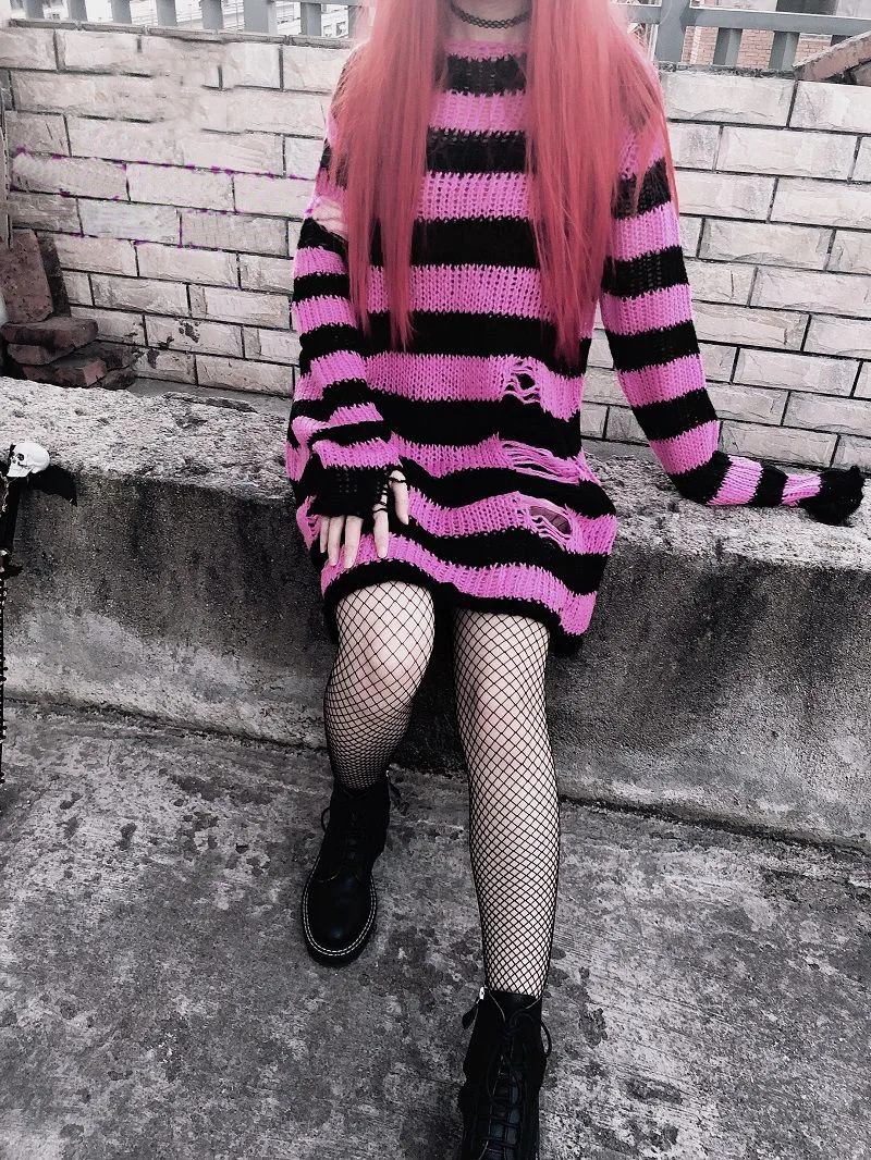 Gothic Grunge Striped Knitted Sweater Women Long Pullovers Loose Thin Punk Sweaters Jumpers Mujer Jersey Chic Streetwear