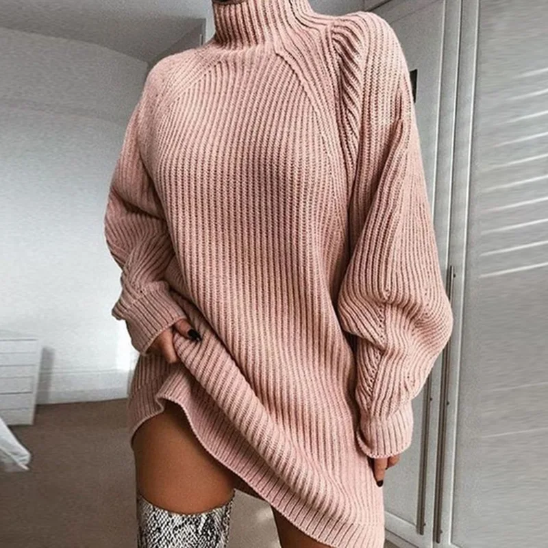 Women Turtleneck Oversized Knitted Dress Autumn Solid Long Sleeve Casual Elegant Mini Sweater Dress Winter Clothes