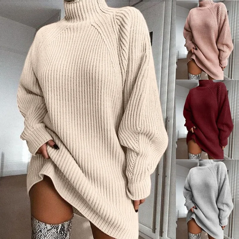 Women Turtleneck Oversized Knitted Dress Autumn Solid Long Sleeve Casual Elegant Mini Sweater Dress Winter Clothes