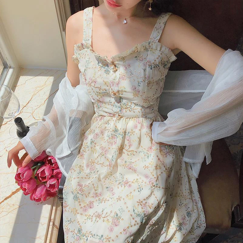 Women Summer Print Floral Midi Dress Vintage Franch Style Female Strapless Party Dress Casual Holiday Lady Boho Vestido