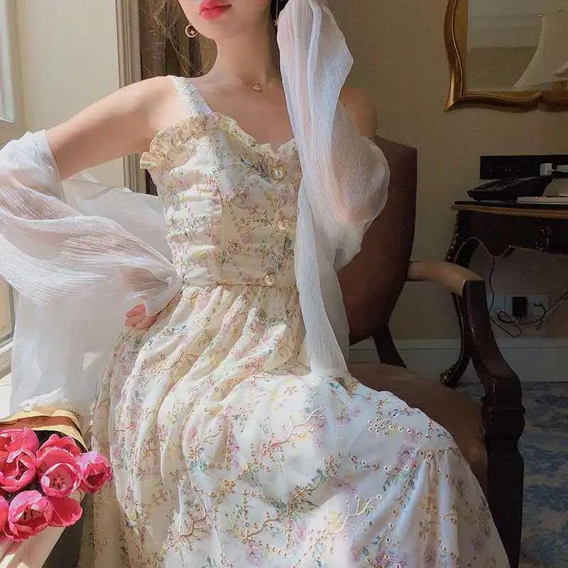 Women Summer Print Floral Midi Dress Vintage Franch Style Female Strapless Party Dress Casual Holiday Lady Boho Vestido