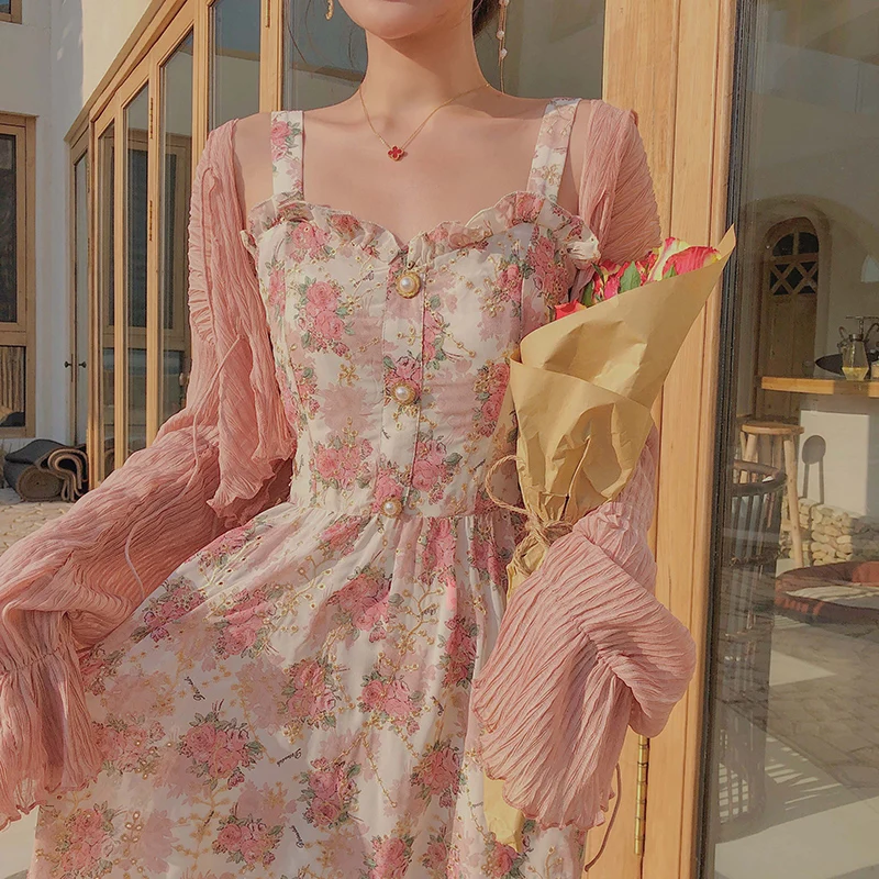 Women Summer Print Floral Midi Dress Vintage Franch Style Female Strapless Party Dress Casual Holiday Lady Boho Vestido