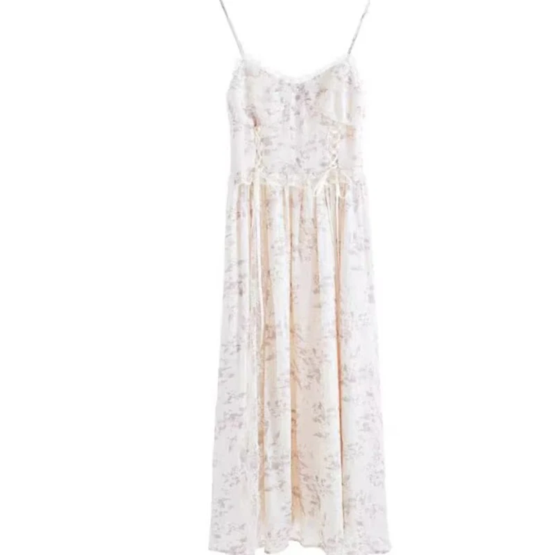 Women Summer Print Floral Midi Dress Vintage Franch Style Female Strapless Party Dress Casual Holiday Lady Boho Vestido