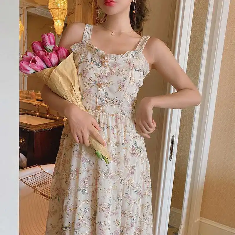 Women Summer Print Floral Midi Dress Vintage Franch Style Female Strapless Party Dress Casual Holiday Lady Boho Vestido