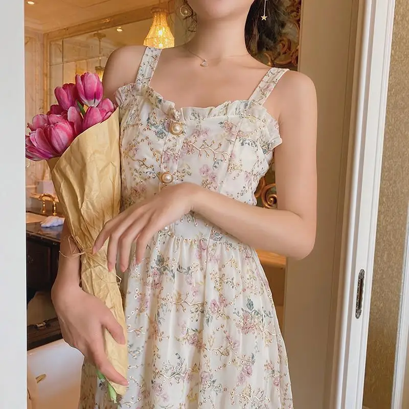 Women Summer Print Floral Midi Dress Vintage Franch Style Female Strapless Party Dress Casual Holiday Lady Boho Vestido