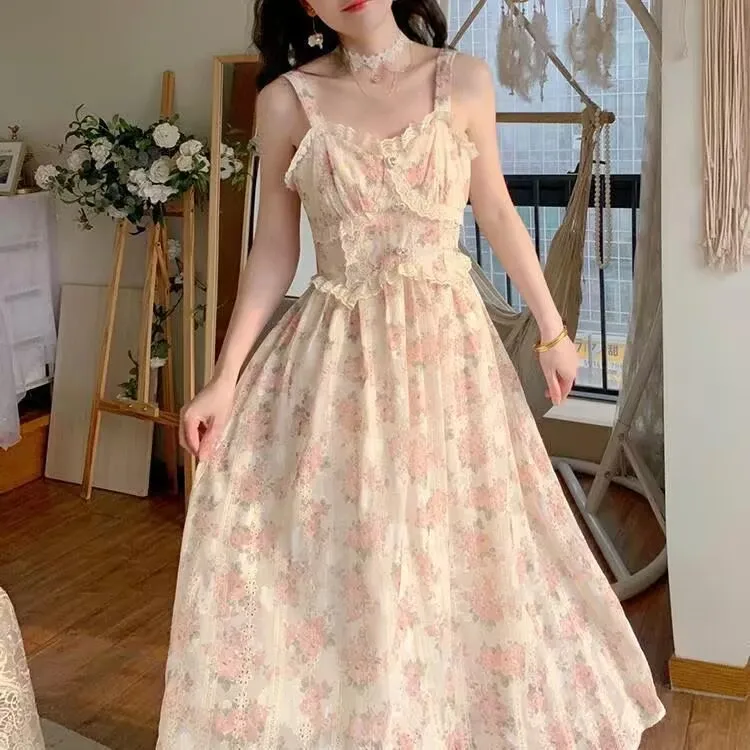Women Summer Print Floral Midi Dress Vintage Franch Style Female Strapless Party Dress Casual Holiday Lady Boho Vestido