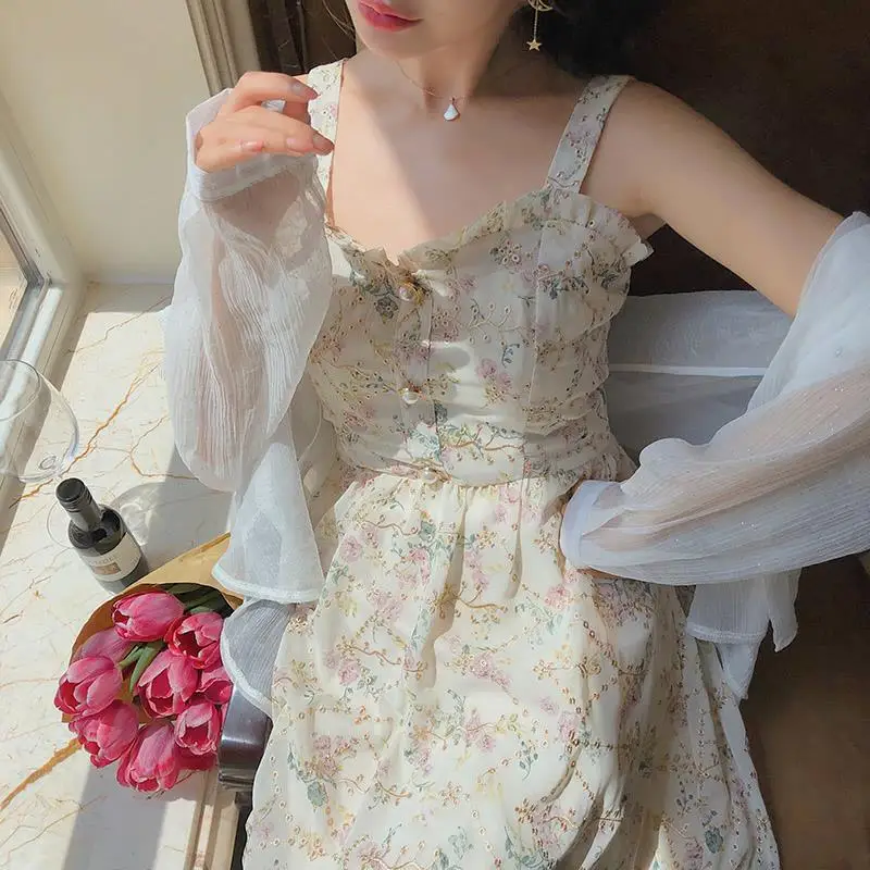 Women Summer Print Floral Midi Dress Vintage Franch Style Female Strapless Party Dress Casual Holiday Lady Boho Vestido