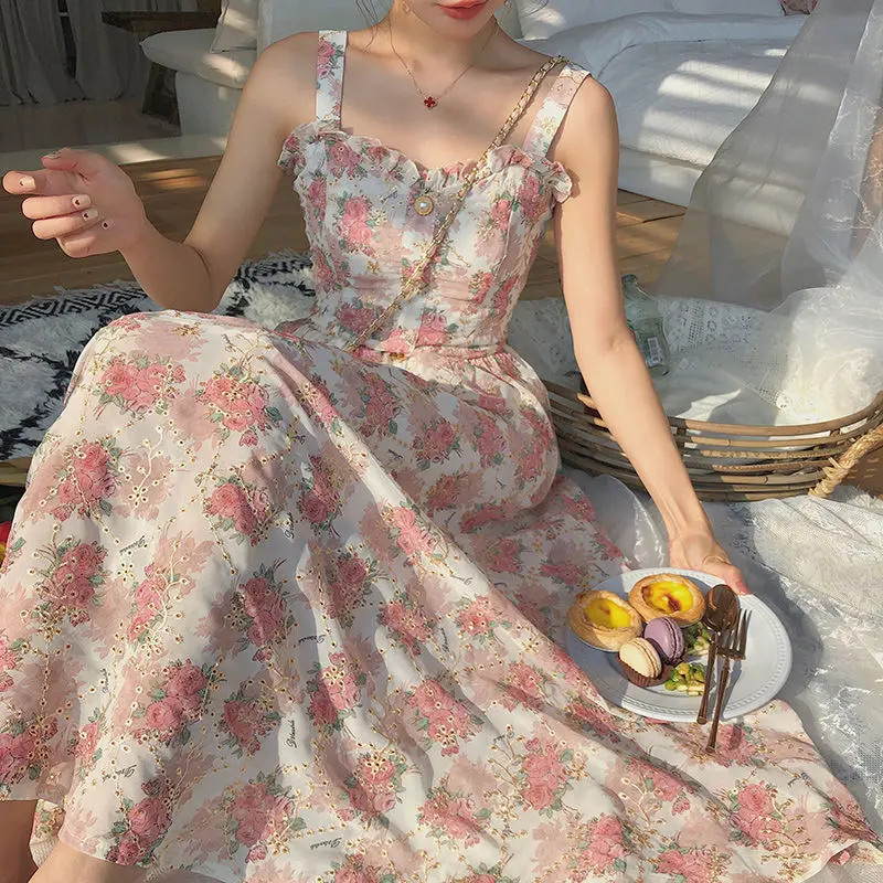 Women Summer Print Floral Midi Dress Vintage Franch Style Female Strapless Party Dress Casual Holiday Lady Boho Vestido