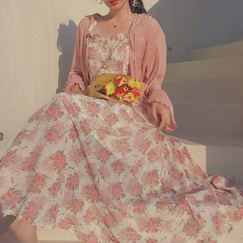 Women Summer Print Floral Midi Dress Vintage Franch Style Female Strapless Party Dress Casual Holiday Lady Boho Vestido
