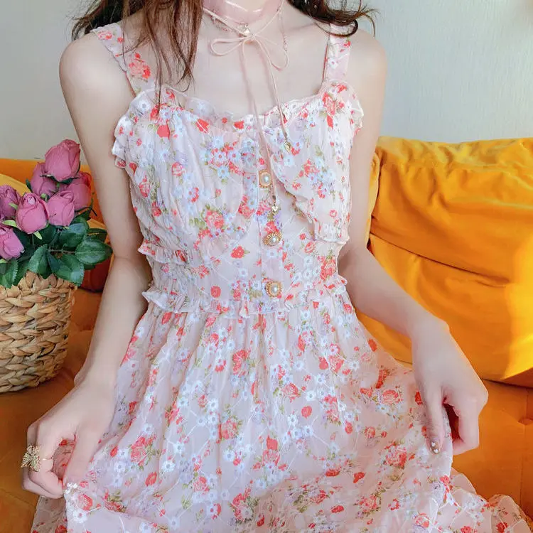 Women Summer Print Floral Midi Dress Vintage Franch Style Female Strapless Party Dress Casual Holiday Lady Boho Vestido